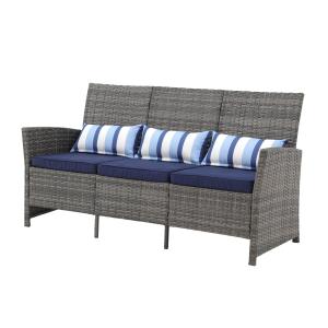 【並行輸入品】SUNSITT 屋外用家具 3人掛け パティオカウチ アウトドアウィッカーソファ グレーPEウィッカー ブルークッション&腰枕付き