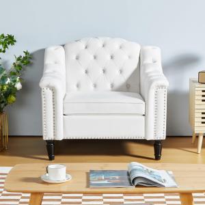 【並行輸入品】LEVNARY ホワイトベルベットチェア 寝室用 布張りソファチェア ハイバック付き ミッドセンチュリーモダンアームチェア 無垢材