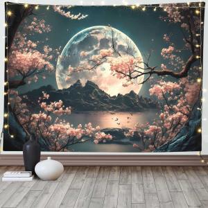 【並行輸入品】OSUNBD ファンタジータペストリー 桜 月 夜 壁掛け 星空 山 風景 タペストリー 妖精 壁 ブランケット 美学 装飾 Lサ