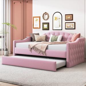 【並行輸入品】 Upholstered Daybed and Trundle, Velvet Modern Button Tufted Twin