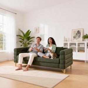 【並行輸入品】81インチ クラウドソファソファ リビングルーム用 モダンなテディソファ プラッシュブークレ生地と枕3つ付き 詰め物の多い3人掛け