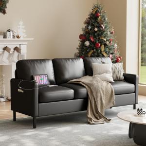 【並行輸入品】STHOUYN 182.9 cm W フェイクレザーブラックソファ 3シートカウチ、モダンで快適なソファ 2つのUSB、リビングル