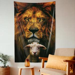 【並行輸入品】QEOPGNE 子羊とライオンタペストリー 壁掛け ライオン 動物 居心地の良い モチベーションを高めるウォールアート 壁装飾 自