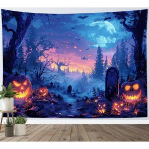 【並行輸入品】 LB Spooky Halloween Tapestry Horror Pumpkin by Cemetery in Fores