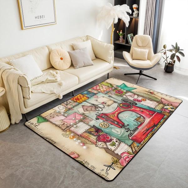 【並行輸入品】レッド ミシン エリアラグ 3'x5'、レトロヨーロピアンソーイングテーマノンスリップ...