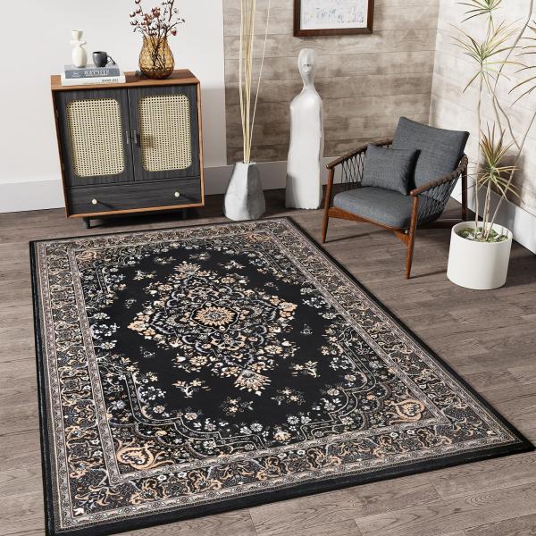 【並行輸入品】HOMORE ブラックラグ 4x6 寝室用エリアラグ 洗濯可能 ノンスリップラグ リビ...