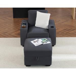 【並行輸入品】VanAcc ソファ、収納オットマン付きソファチェア、カップホルダー&USB充電ポート付きモダンソファ、リビングルーム用ディープシ