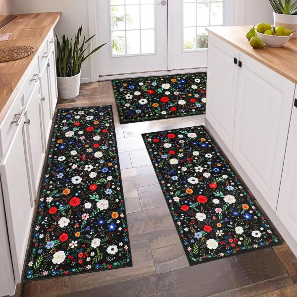 【並行輸入品】PCSWEET HOME フローラルキッチンラグ 3点セット ノンスリップ キッチンラ...