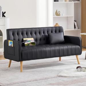 【並行輸入品】CHYMSUN 幅57インチ ラブシートソファ、小型ブラックフェイクレザーカウチ、USB充電ポート付き、ミッドセンチュリーモダンタ