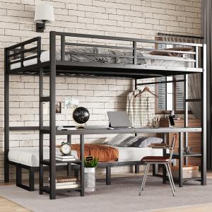 【並行輸入品】 Queen Over Twin XL Metal Bunk Bed, Metal Loft Bed with Desk and