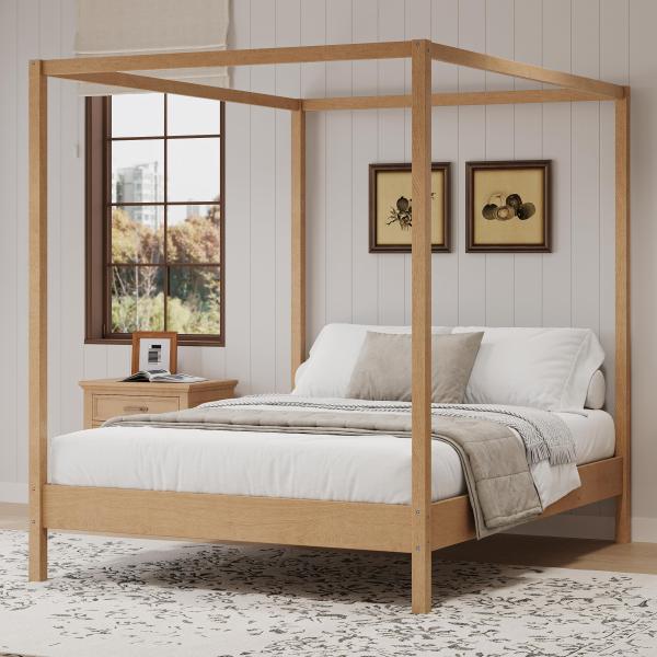 【並行輸入品】 King Size Canopy Platform Bed, Wood 4 Post...
