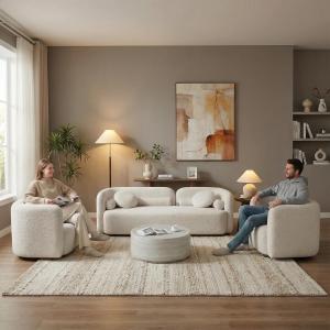 【並行輸入品】SSC SATISUNCASA ベージュ カーブバックソファ 3枚セット リビングルーム モダン インテグラルソファ 家具 3人掛