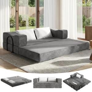 【並行輸入品】MAKIAAP 80インチ 折りたたみ式 シェニール織布団 ソファベッド 4イン1 コンバーチブルソファ 枕2個付き キングサイズ