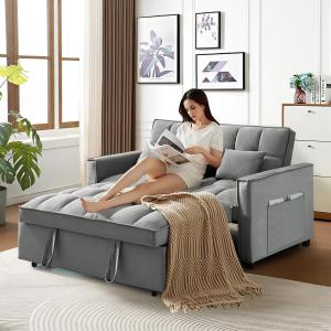 【並行輸入品】3イン1コンバーチブルスリーパーソファベッド、リビングルーム用布団ソファ、サイドポケット/調節可能な背もたれ付き、ベルベット布張り