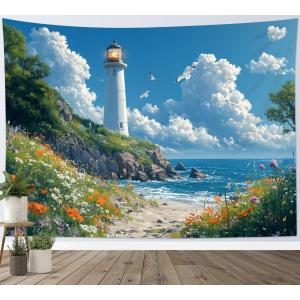【並行輸入品】 HVEST Ocean Beach Lighthouse Tapestry Wall Hanging Watercolor Fl