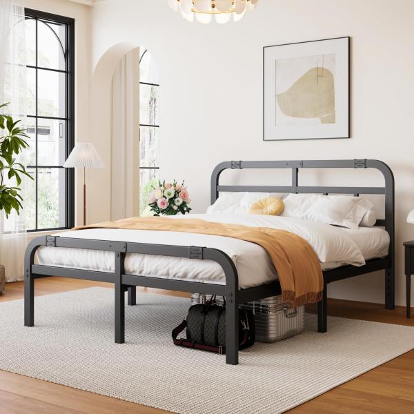 【並行輸入品】ZIYOO 14インチ フルベッドフレーム ヘッドボード/フットボード付き 頑丈な金属...