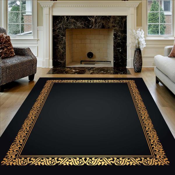 【並行輸入品】 Modern Black Gold Border Design Area Rug 8...