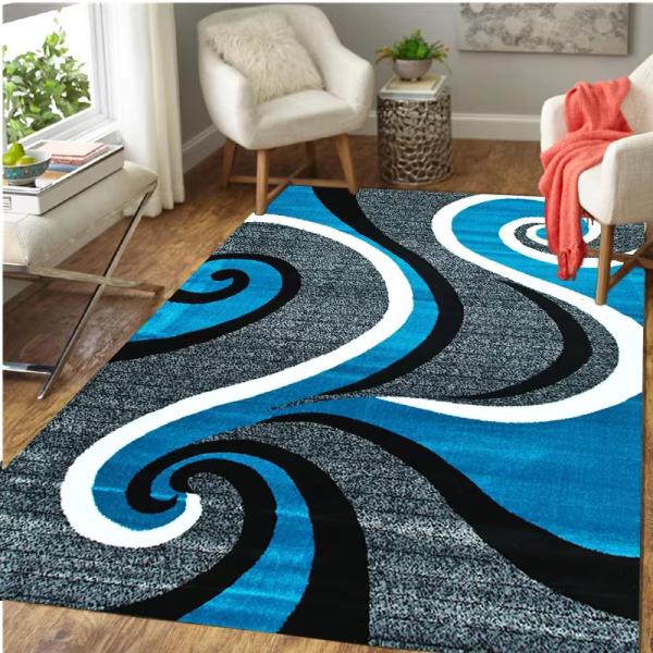 【並行輸入品】 Modern Blue Black White Swirl Carpet for L...