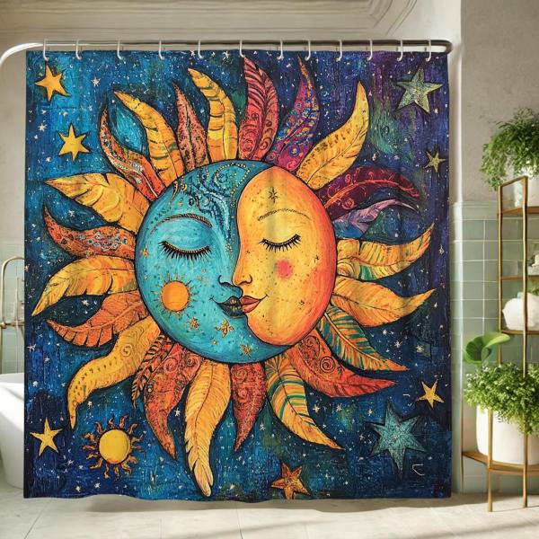 【並行輸入品】 Sun and Moon Shower Curtain, Colorful Blue...