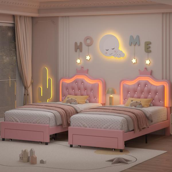 【並行輸入品】 Keyluv 2 Set Twin Upholstered LED Bed Fram...