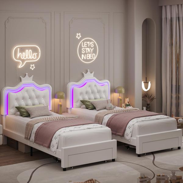 【並行輸入品】 Keyluv 2 Set Twin Upholstered LED Bed Fram...