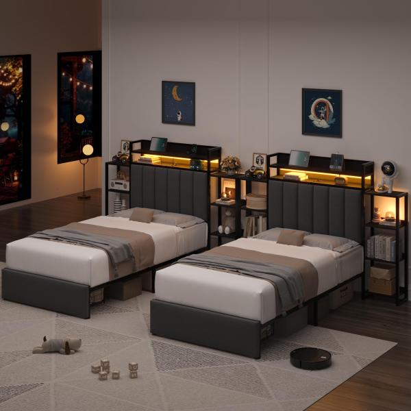 【並行輸入品】 Keyluv Set of 2 Twin LED Bed Frame with St...