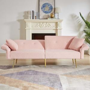 【並行輸入品】 69.5''Pink Futon Loveseat Sofa Bed, Teddy Upholstered Folding Co