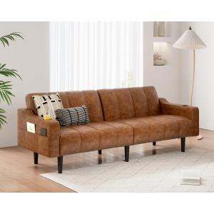 【並行輸入品】80インチレザーカウチ、布団ソファベッド、調節可能な背もたれ付きフェイクレザーカウチ、カップホルダー2つとサイドポケット付き、リビ