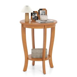 【並行輸入品】GOFLAME 2段ラウンドエンドテーブル 18インチ ソファサイドテーブル 収納棚付き フロアティーテーブル 無垢材の脚付き コ