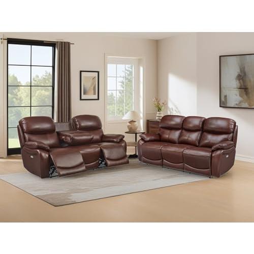 【並行輸入品】THSUPER Brown Power 本革リクライニングソファセット USBポート付...