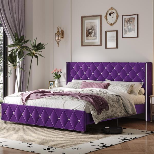 【並行輸入品】HOMBCK キングベッドフレーム ヘッドボード付き 布張りのプラットフォームベッド ...