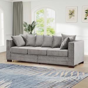 【並行輸入品】幅84インチ ミッドセンチュリーモダンソファ 収納付き 布張りのベルベットソファ、釘頭トリム&枕付きディープシートチェスターフィー