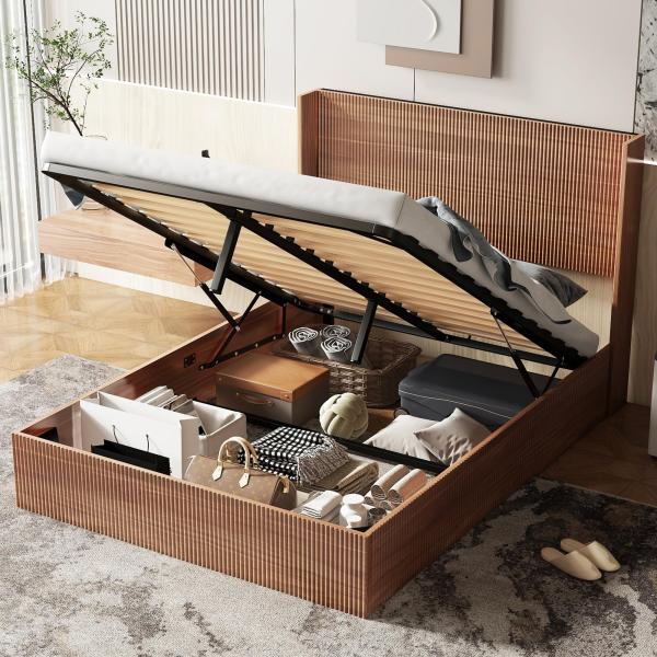 【並行輸入品】 Walnut Queen Size Bed Frame, Bed with Hydr...