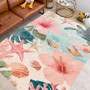 【並行輸入品】 Tropical Floral Ocean Area Rug 10x12 Soft Pink Blue Seaside Flor