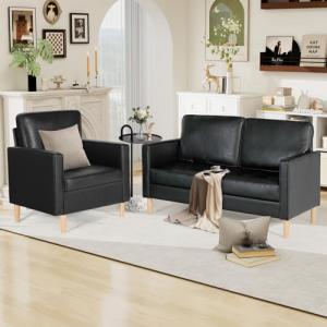 【並行輸入品】 AILEEKISS Black Living Room Sofa Couch Set,2 Pieces Faux Leather