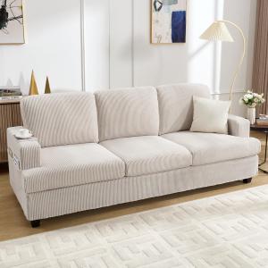 【並行輸入品】HOMYKA 85インチソファ サイドポケット付き コーデュロイ生地 3人掛けソファ リビングルーム用 快適でモダンな小さなソファ