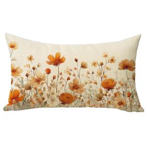 【並行輸入品】Fjfz 水彩 ワイルドフラワー 腰部装飾スロー枕カバー 12 x 20、長方形 オレンジ ヴィンテージ フローラル アウトドア