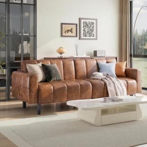 【並行輸入品】hausway 83インチ フェイクレザー布団ソファ、ミッドセンチュリーモダンコンバーチブルレザーソファ、調節可能な背もたれ付き、