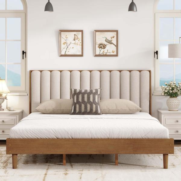 【並行輸入品】 HRVEOCEI Wood Queen Bed Frame with Headboa...