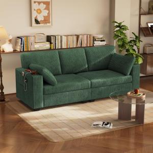 【並行輸入品】Wrofly 82インチソファ リビングルーム用 コーデュロイクラウドカウチソファ カップホルダー&USB付き 枕2枚 快適な3人