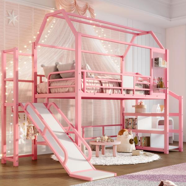 【並行輸入品】 RuiSiSi Twin Size Metal Loft Bed with Slid...