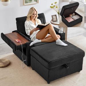 【並行輸入品】 anwickjeff Chaise Lounge Chair Indoor with Ottoman, Corduroy Sof