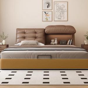 【並行輸入品】 HONGYISHI Queen Size Brown Genuine Leather Bed Minimalist Uphols