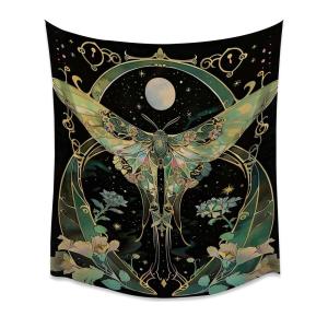 【並行輸入品】 BZWAPQ Boho Green Moth Tapestry Mysterious Celestial Moon Artwor