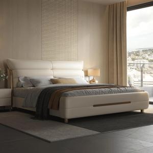 【並行輸入品】 DLCQIJI Modern White Genuine Leather Bed with Wingback Headboard