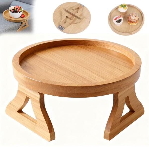 【並行輸入品】 Sofa Armrest Tray, Clip On Round Wood Couc...