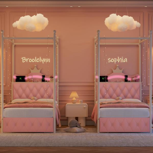 【並行輸入品】 Keyluv 2 Set Twin LED Canopy Bed Frame wit...