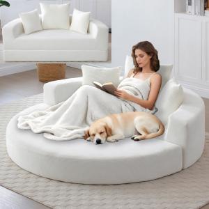 【並行輸入品】 MWrouqfur Round Beige Boneless Loveseat Couch Bed, Corduroy Sofa
