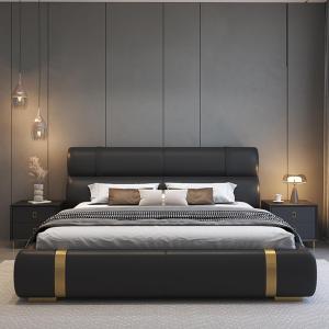 【並行輸入品】 HONGYISHI Black Modern Genuine Leather Bed Upholstered Platform