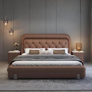 【並行輸入品】 HONGYISHI Brown King Size Genuine Leather Wood Bed Upholstered P